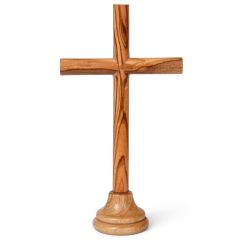 Olive Wood Standing Cross Round Base Front