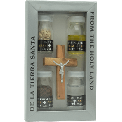Olive Wood Cross and Pewter Plated Crucifix with Vials of Holy Soil, Jordan River Water, Galilee Olive Oil and Incense.