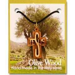 Olive Wood Jesus Layered Cross Pendant with Necklace