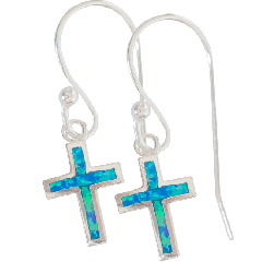 Sterling Silver Synthetic Opal Cross Fishhook Earrings
