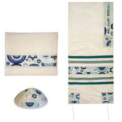 Yair Emanuel 'Jewish Symbols' Embroidered Blended Silk Prayer Shawl / Tallit - Blue