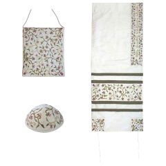 Yair Emanuel 'Flowers' Blended Silk Embroidered Prayer Shawl Tallit, Kippa and Bag