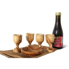 The LORD's Supper set - Olive Wood Bread Tray with 4 Tall Olive Wood Cups and Holy Land Wine