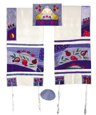 Raw Silk Appliqued Tallit - Pomegranate Design