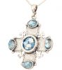 Roman Glass 'Jerusalem Cross' Stones Pendant - 925 Sterling Silver - Holy Land Jewelry