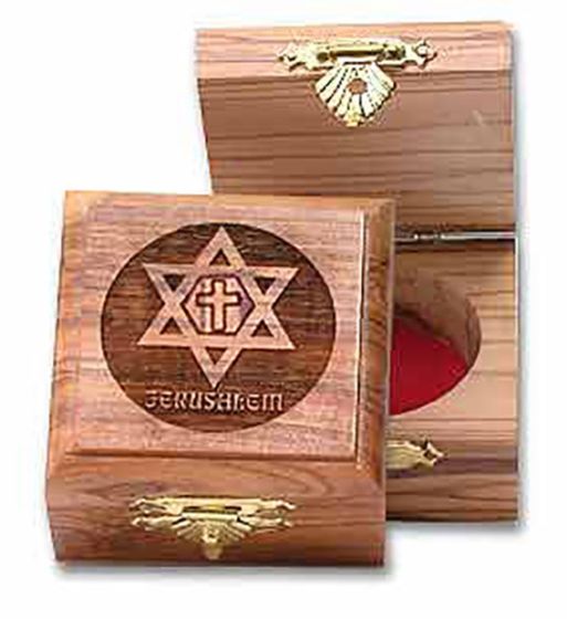 Olive Wood Jewelry Box with 'Star of David with Cross' inlay and 'Jerusalem' Engraving 