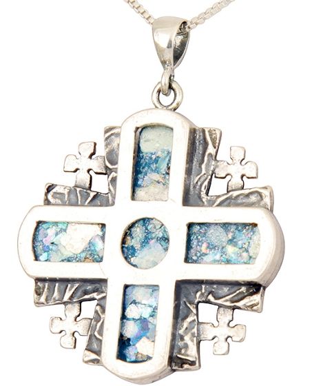 Roman Glass 'Jerusalem Cross' 5 Fold - Rugged Cross Pendant - Sterling Silver - Made in the Holy Land
