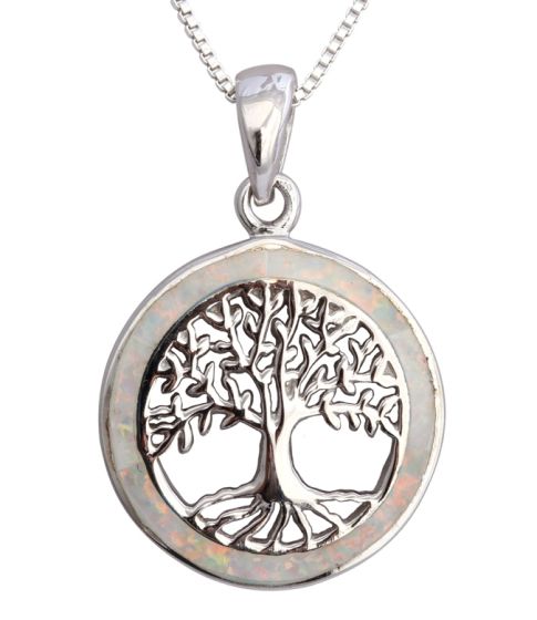 'Tree of Life' Pendant with Light Opal Circular Frame - Sterling Silver