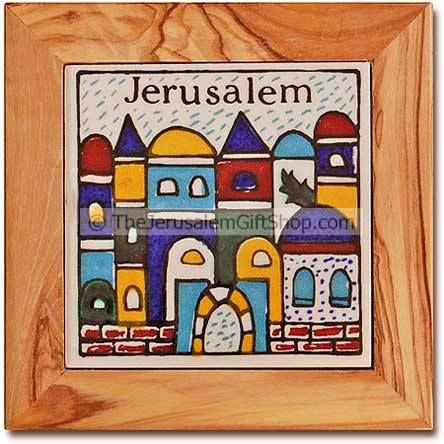 Olive wood Ceramic Coaster - Jerusalem