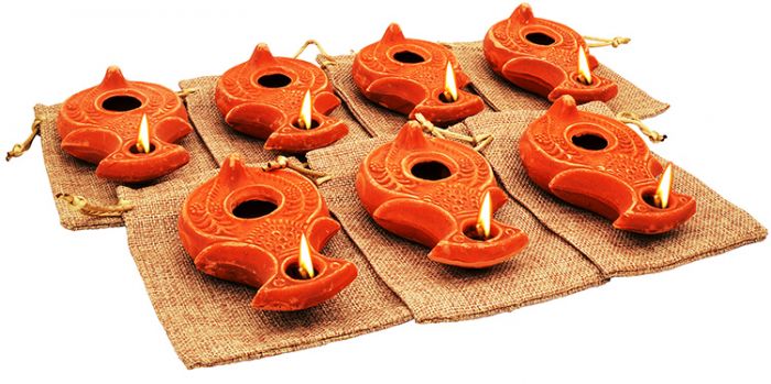 Set of 7 Biblical Clay Oil Lamps - Wise Virgins in Sackcloth Gift Bag - Be Ready!!!