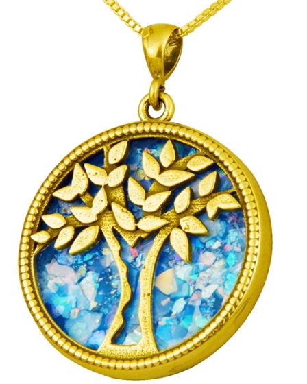 Roman Glass 'Tree of Life' Pendant - 14k Gold - Israeli Jewelry