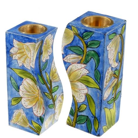 Yair Emanuel - Hand-Painted Pair of Candle Holders - White Flowers Design