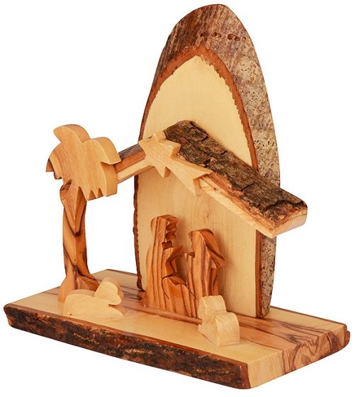 Olive Wood Nativity Scene Ornament from the Holy Land l Sliced Branch - Natural Roof