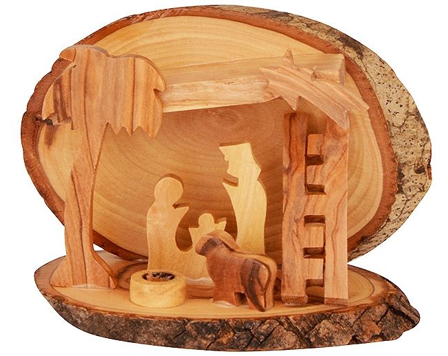 Olive Wood Mini Nativity Stable Scene Ornament from Bethlehem l Ladder
