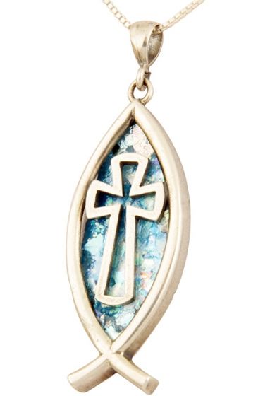 Roman Glass 'Cross inside a Fish' Pendant - Sterling Silver - Made in the Holy Land