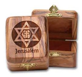 Olive Wood Jewelry Box with 'Star of David with Cross' inlay and 'Jerusalem' Engraving 