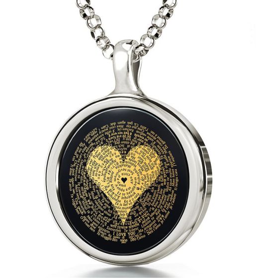 Nano 24k Gold Inscribed "I LOVE YOU" In 120 Languages Christian Pendant - Onyx and Sterling Silver