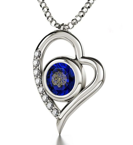 Nano 24k Gold Scripture Inscribed on Swarovski "The Lord's Prayer" KJ Version - Sterling Silver 'Heart' with Diamonds Necklace