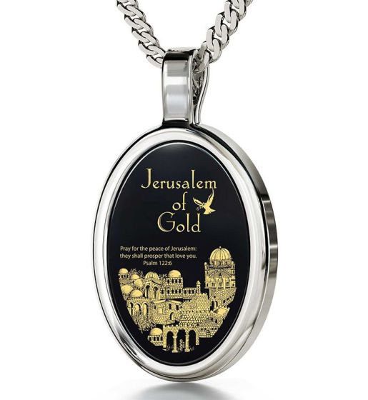 Nano 24k Gold Scripture Inscribed 'Psalm 122:6' Onyx inside Sterling Silver Oval Necklace
