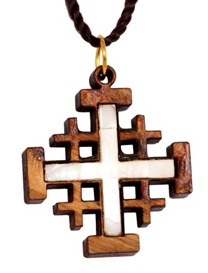 Olive Wood with Mother of Pearl 'Jerusalem Cross' inlay Necklace
