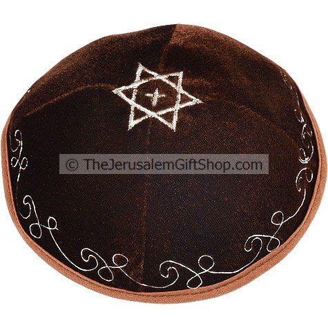 Velvet Star of David with Cross Kippa - Brown