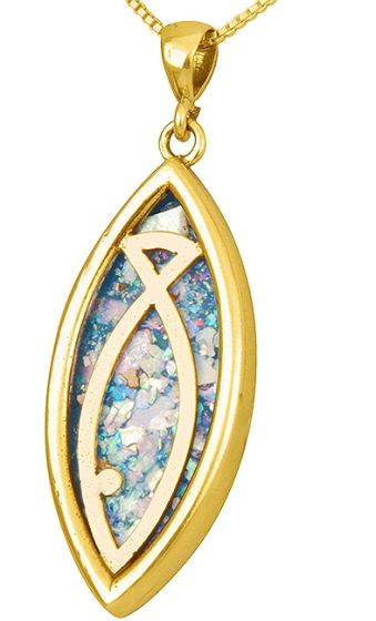 Roman Glass 'ΙΧΘΥΣ Ichthys Fish' 14k Gold Pendant - Made in the Holy Land