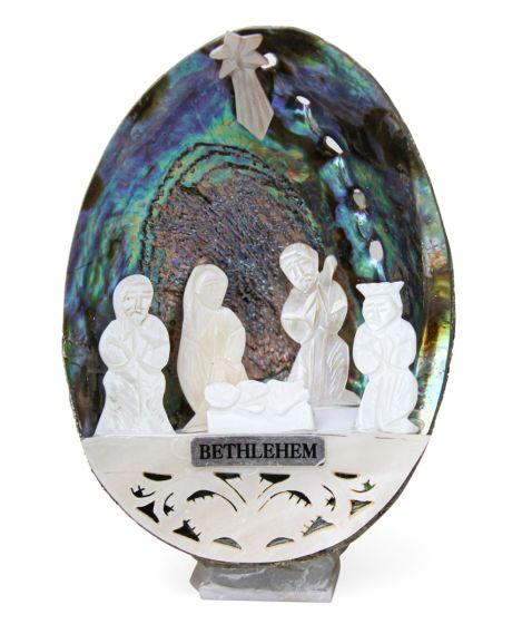 Mother of Pearl Nativity Scene inside an Abalone Shell - Made in Bethlehem