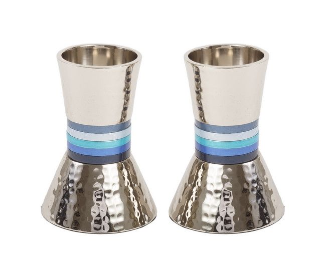Yair Emanuel Hammered Nickel Shabbat Candle Holders - 4 Color Options - in Blue