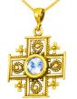 Roman Glass 'Jerusalem Cross' Decorated Pendant - 14k Gold - Holy Land Jewelry