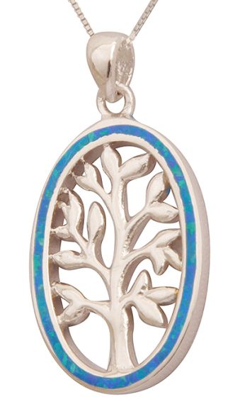 'Tree of Life' Pendant with Dark Opal Oval Frame - Sterling Silver 