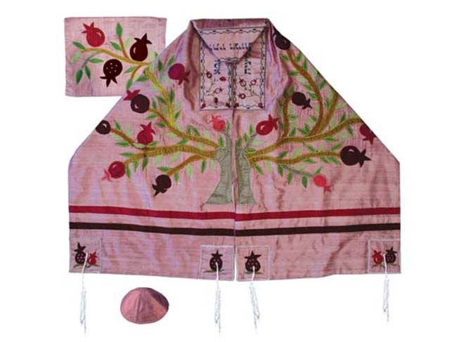 Tree of Life and Pomegranate Prayer Shawl Tallit | Yair Emanuel Design with Embroidered Raw Silk - Pink