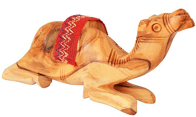 Olive Wood Camel with Embroidered Saddle - Sitting - Made in Bethlehem