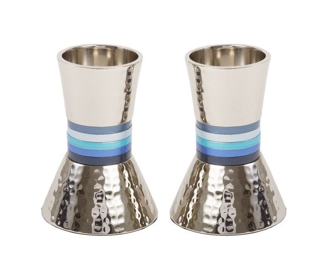 Yair Emanuel Hammered Nickel Shabbat Candle Holders - 4 Color Options - in Blue
