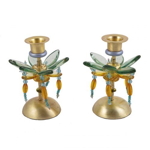 Candlesticks -  flower with beads in green and yellow