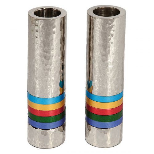Yair Emanuel Cylinder Candlesticks - Hammer Work + Rings - Multicolor