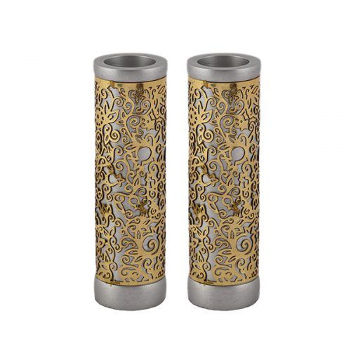 Aluminum candlesticks decorated with a copper cut of pomegranates - Brass