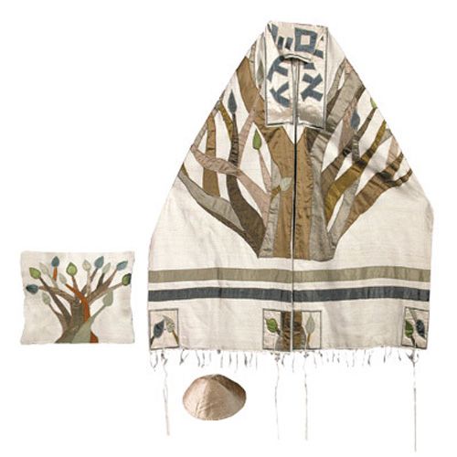 Tree of Life Embroidered Raw Silk Tallit by Yair Emanuel 
