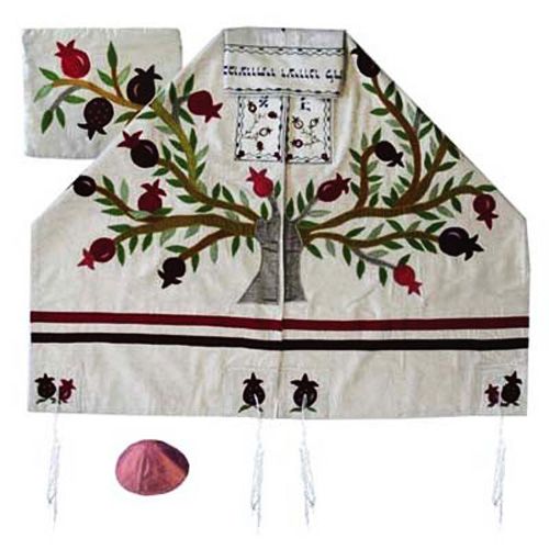 Tree of Life with Pomegranates Embroidered Raw Silk Tallit Prayer Shawl by Yair Emanuel - White
