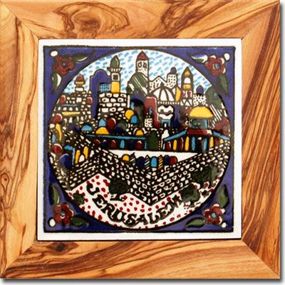 Olive wood Ceramic Coaster - Jerusalem Walls