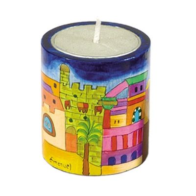 Yair Emanuel 'Jerusalem' Hand Painted Memorial (Yahrzeit) Candle Holder