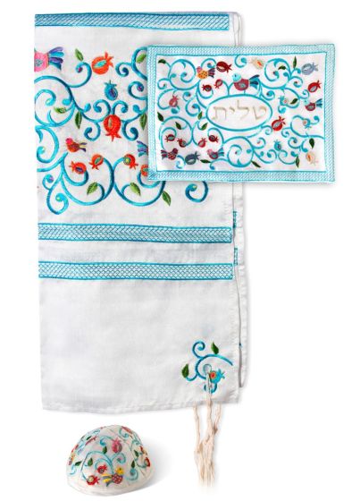 'Pomegranate and Birds' Embroidered Tallit - Prayer Shawl with Matching Bag and Kippa