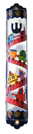 Yair Emanuel - Laser Cut Hand Painted Metal 'Toy Train' with 'SHIN' Mezuzah