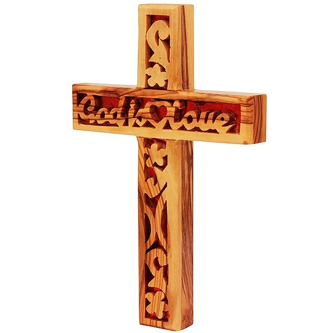 Olive wood cross with heart cut out pendant necklace (made by Christians in  the Holy Land)