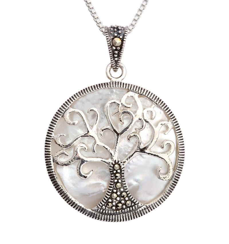 Genuine Mother of Pearl Tree of Life Pendant Necklace 925 Sterling Silver Gift 