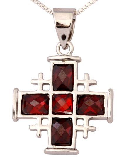 'Jerusalem Cross' Silver Christian Pendant with Crystal Red Square Design