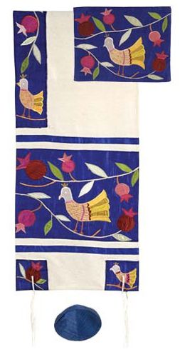 Yair Emanuel |Raw Silk Appliqued Tallit - Birds - Blue