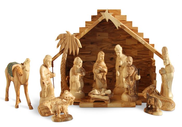 Nativity Set Deluxe - Olive Wood Made in Bethlehem - 12 Pieces (back of the Manger could be with or without the Angel)
