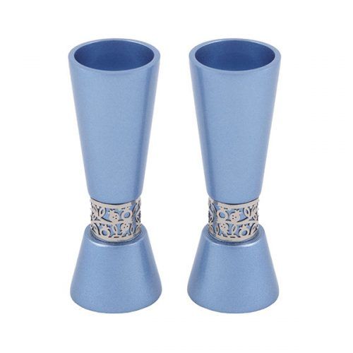 Yair Emanuel Candlesticks + Metal Cutout Pomegranates - Blue