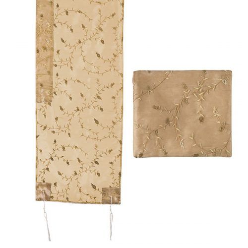 Yair Emanuel | Full Embroidered Organza | 'Floral' Prayer Shawl Tallit Set - Gold