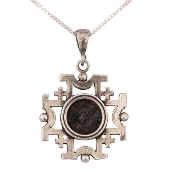 Genuine Widow's Mite Coin of Mark 12:41 in Sterling Silver jerusalem Cross Pendant 